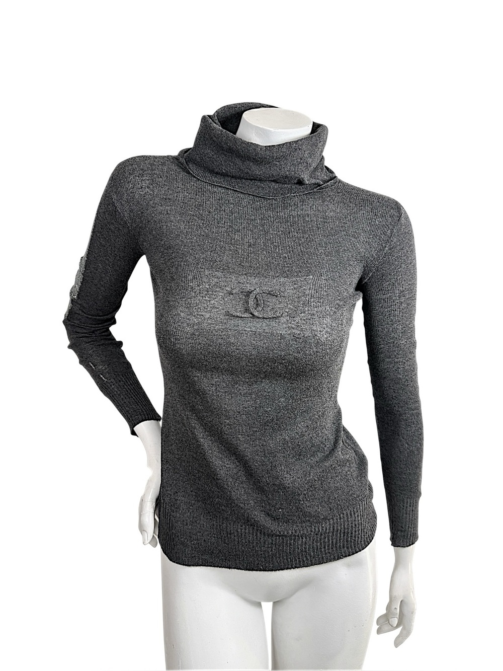 CHANEL Vintage Fall 2008 Grey CC Logo Lace Sleeve Turtleneck Sweater